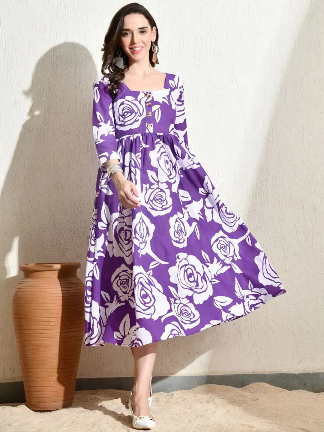 Royal Amethyst Purple Oversized Rose Motif Print Flared Midi Dress / A-Line Gathered Dress .png